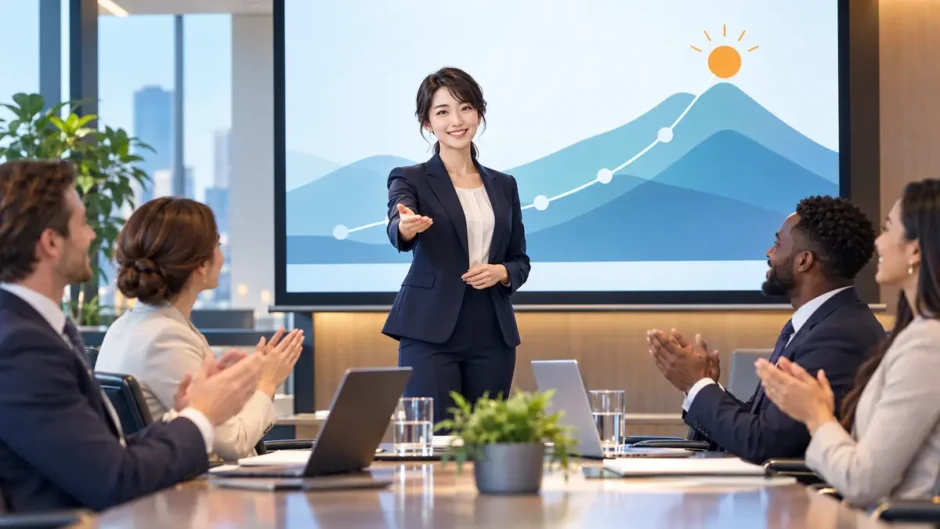 英語プレゼンを締めくくる日本人プレゼンター