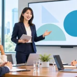 英語プレゼンの冒頭で挨拶する日本人プレゼンター