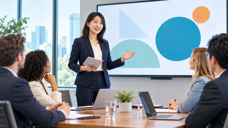 英語プレゼンの冒頭で挨拶する日本人プレゼンター