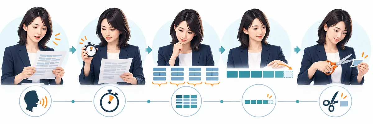自分の話速から英語プレゼンの原稿量を計算して調整する流れ