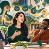 英語の息・喉・音の流れを学ぶ社会人のイラスト