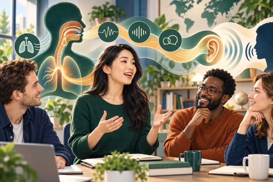 英語の息・喉・音の流れを学ぶ社会人のイラスト