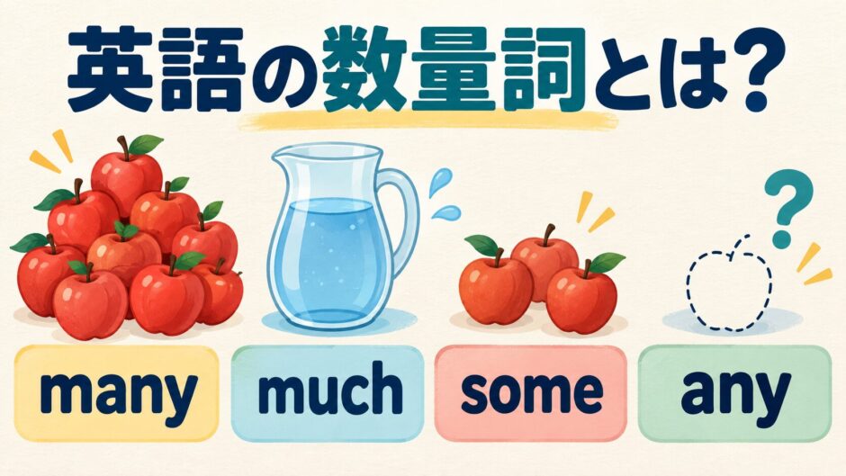 英語の数量詞とは何かをmany・much・some・anyと数・量で示すアイキャッチ