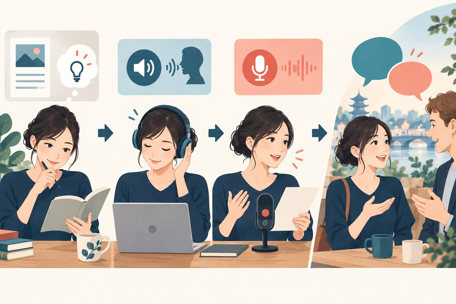 英文理解、音声確認、録音音読、会話へ進む英語音読の練習手順