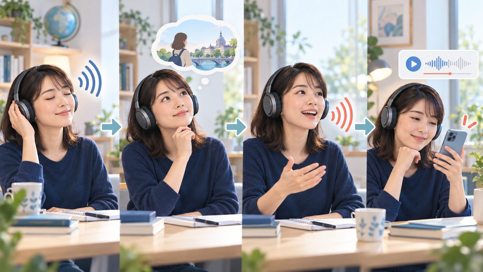 短い英語を聞き、意味と語順を保持し、声に出して録音確認するリピーティングの流れ