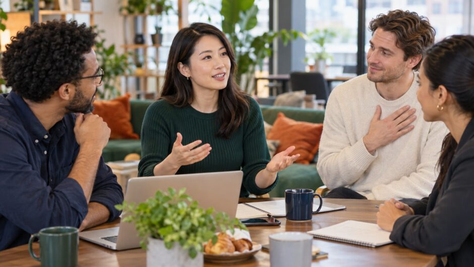 英語のグループ会話で中断後に落ち着いて自分の話を再開する日本人話者