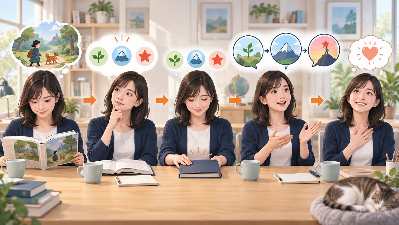 物語の要点を三つ選び短い英語で伝え感想を加える流れ