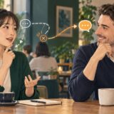 英会話で言い間違いに気づき落ち着いて言い直す学習者のイメージ
