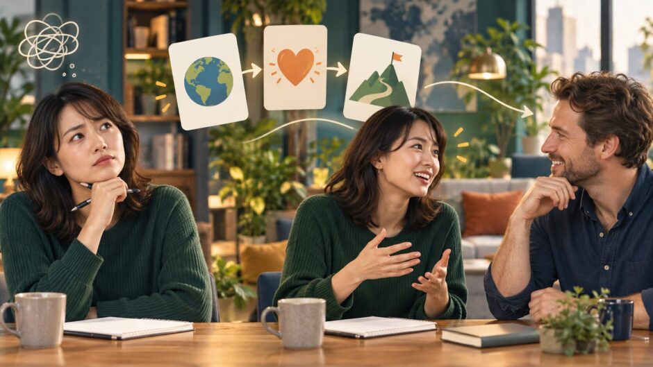 英会話で話す内容を事実・感想・次の行動から見つけて会話する学習イメージ