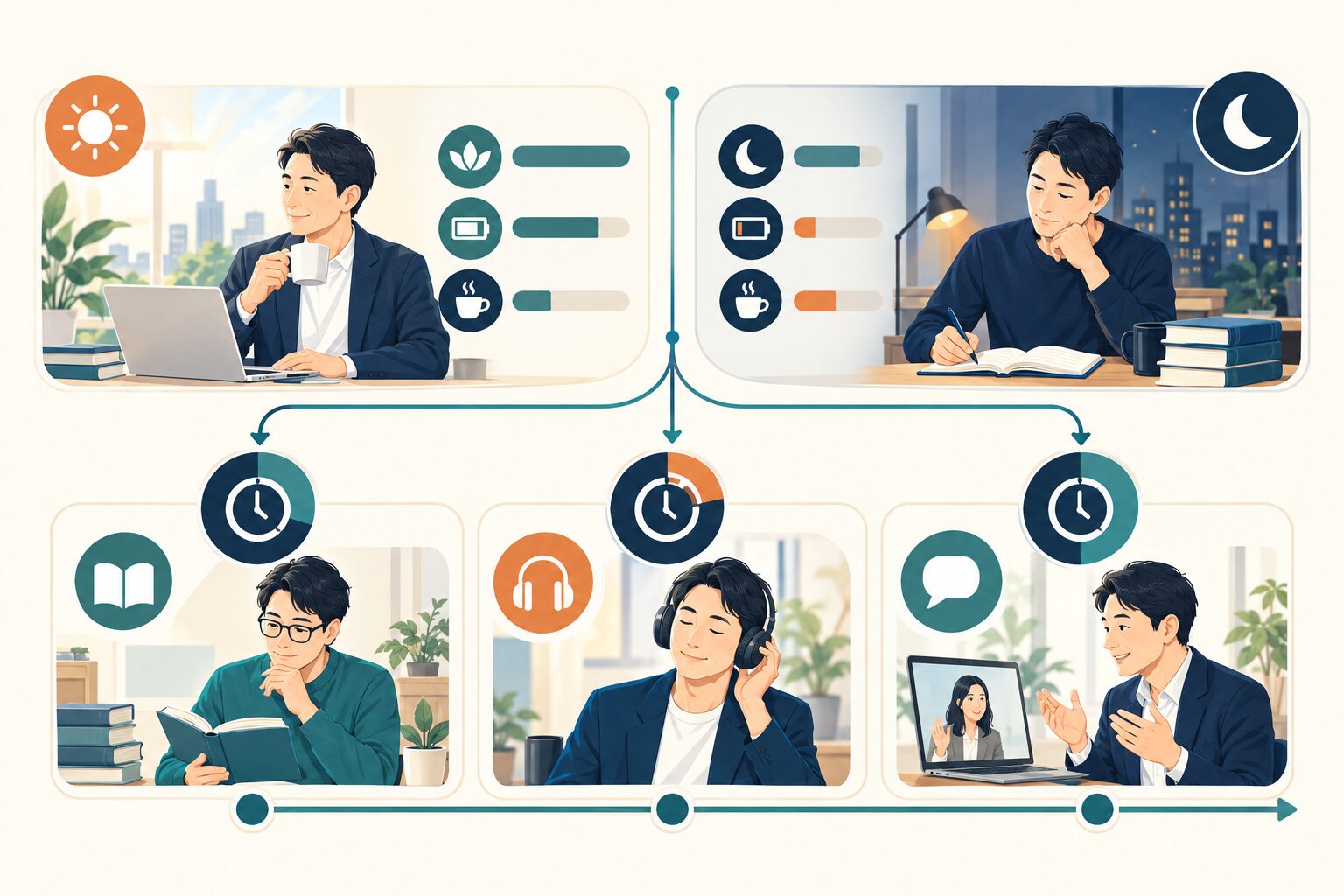 英語学習 朝 夜 どっちを整理したイラスト
