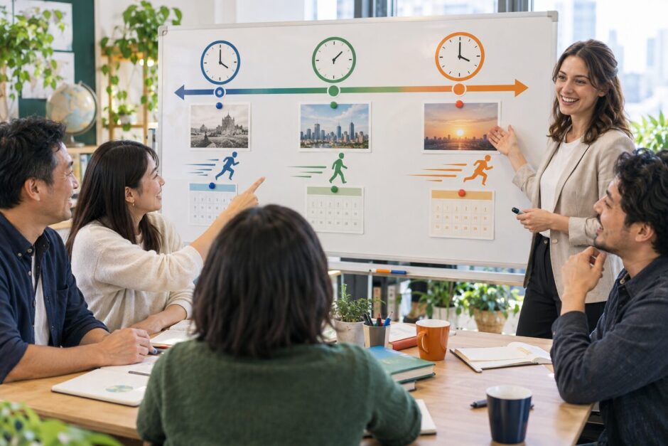 英語の時制クイズで過去・現在・未来を時間軸に置いて考える学習者