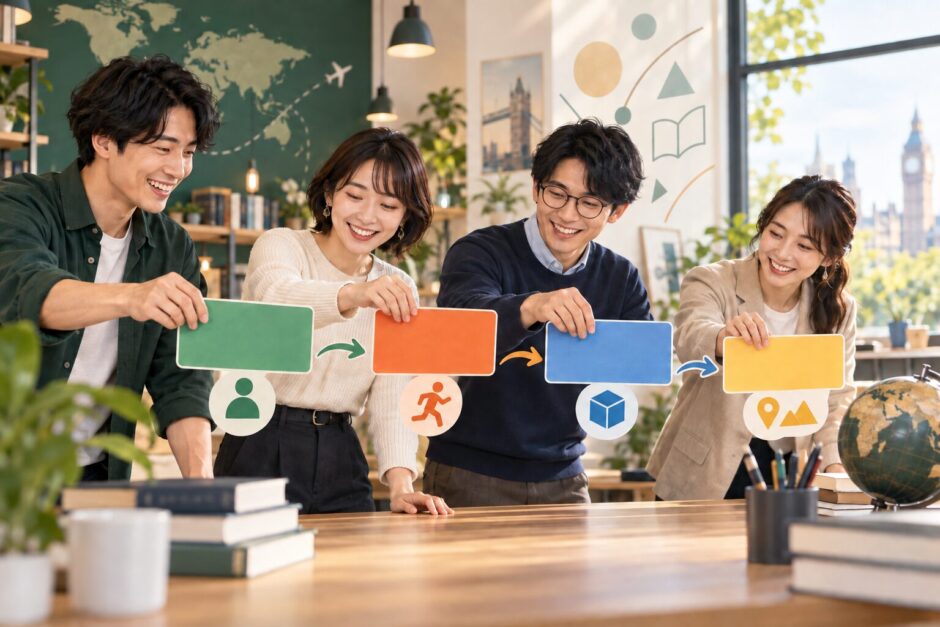 英語の主語・動詞・目的語・追加情報を表す色分けカードを順番に並べる大人の学習者