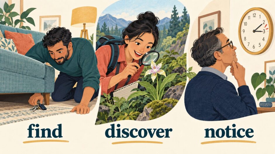 find・discover・noticeの違いを表すイラスト