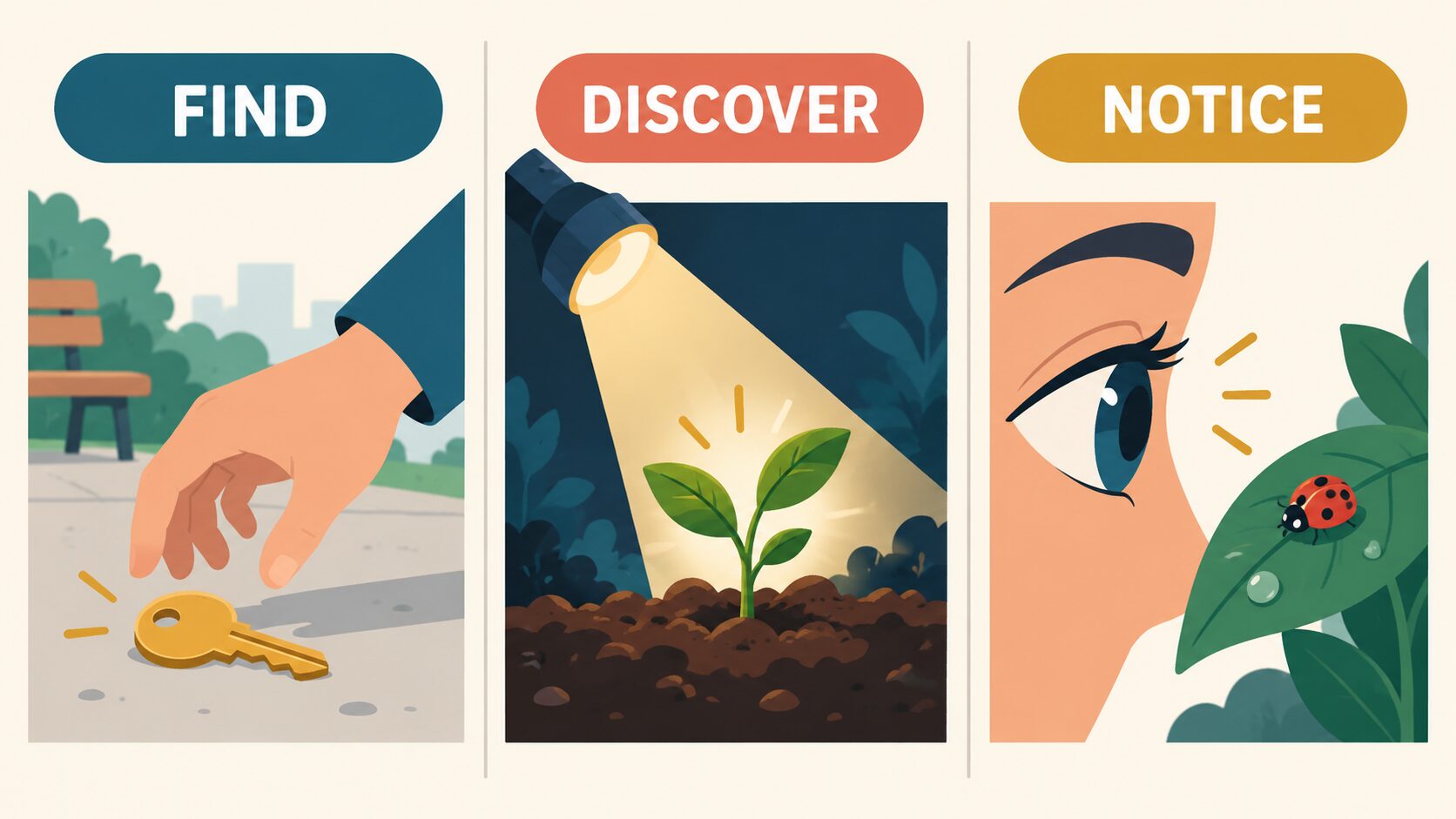 find・discover・noticeのコアイメージを示す図解