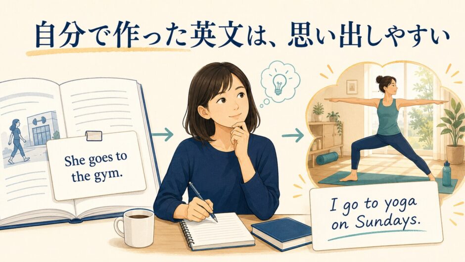 教材例文を自分のヨガ習慣の英文へ作り替える学習者