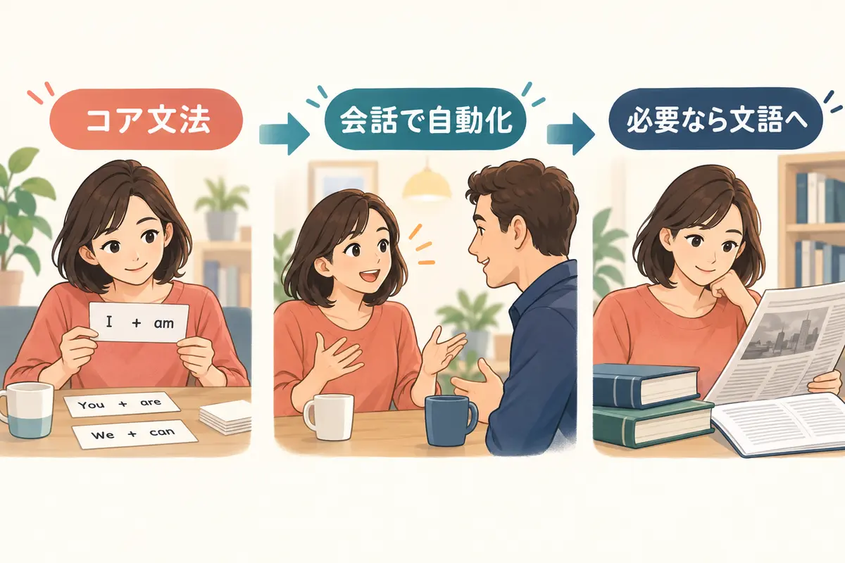 コア英文法を会話で自動化し必要に応じて文語英語へ進む学習順序