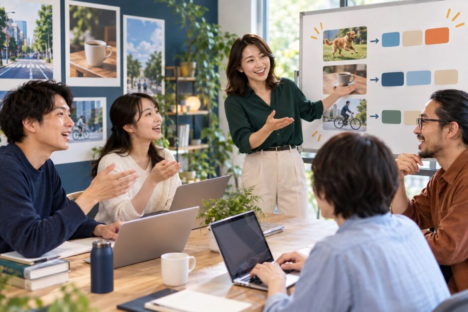 日常の場面から短い英文を組み立てる瞬間英作文クイズに取り組む大人の学習者