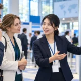 国際学会のポスター発表で研究内容を英語で説明する日本人研究者