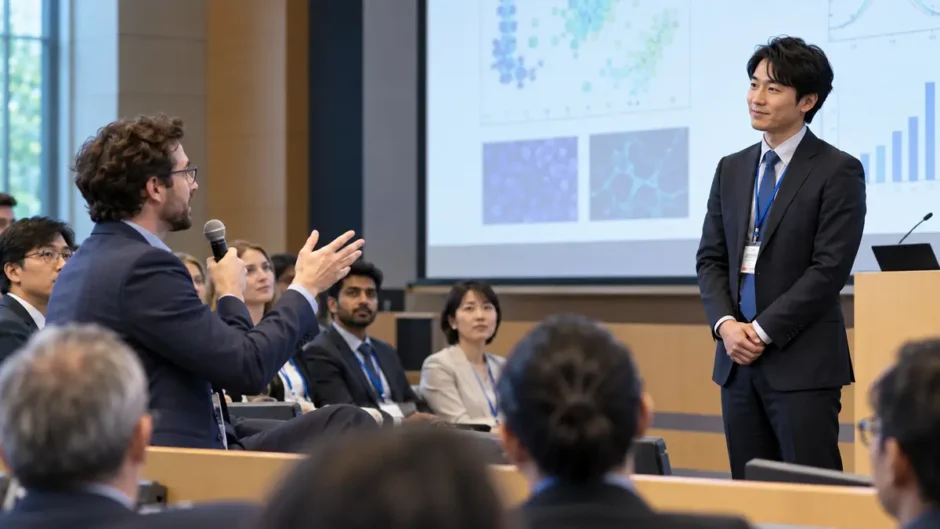 国際学会の英語質疑応答で質問を聞く日本人研究者
