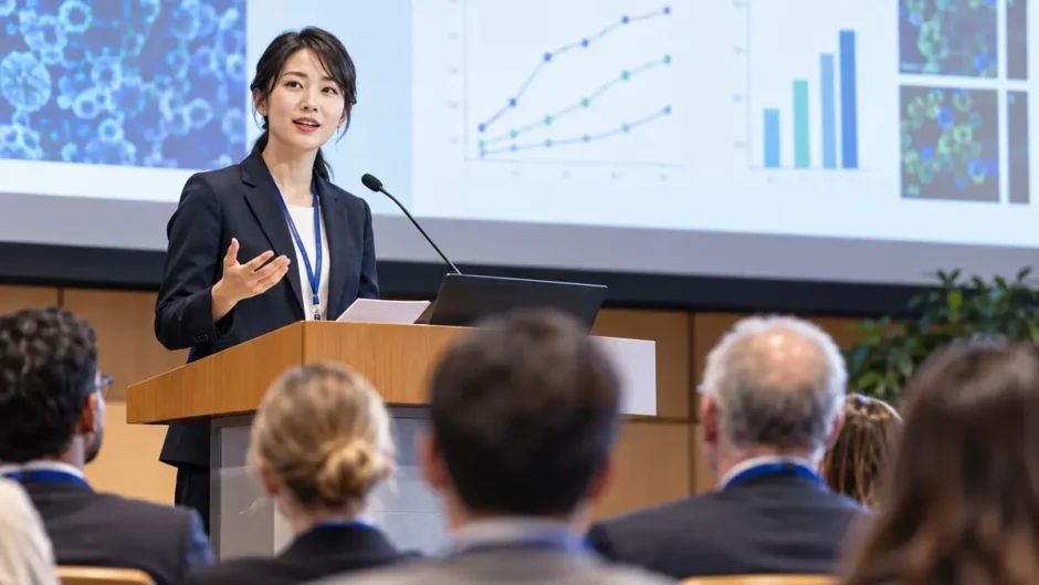 国際学会で短いメモを使いながら英語発表する日本人研究者