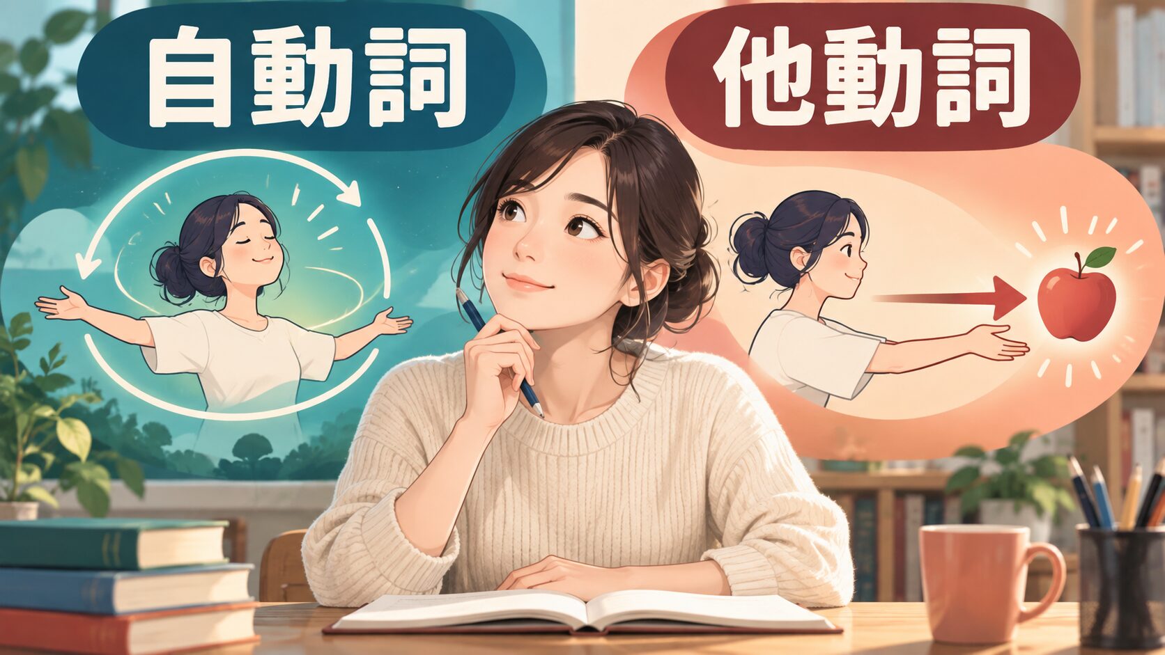 自動詞は動きが主語で完結し他動詞は目的語へ届く違いを表す英語学習イラスト