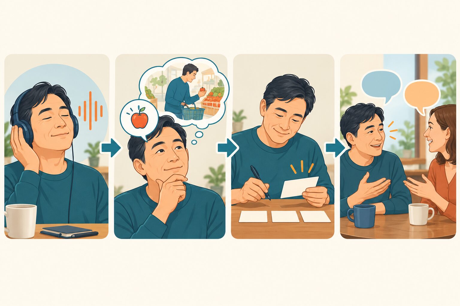 音声で覚えた単語を場面、自分の短文、実際の会話へ変える流れ