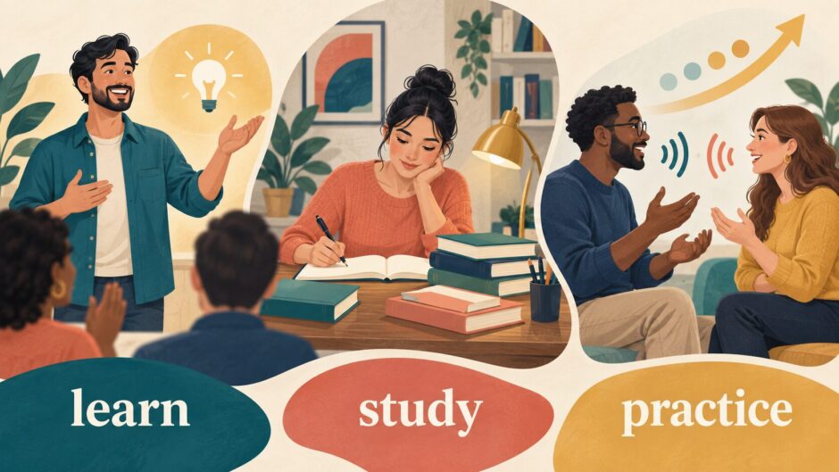 learn・study・practiceの違いを表す学習のイラスト