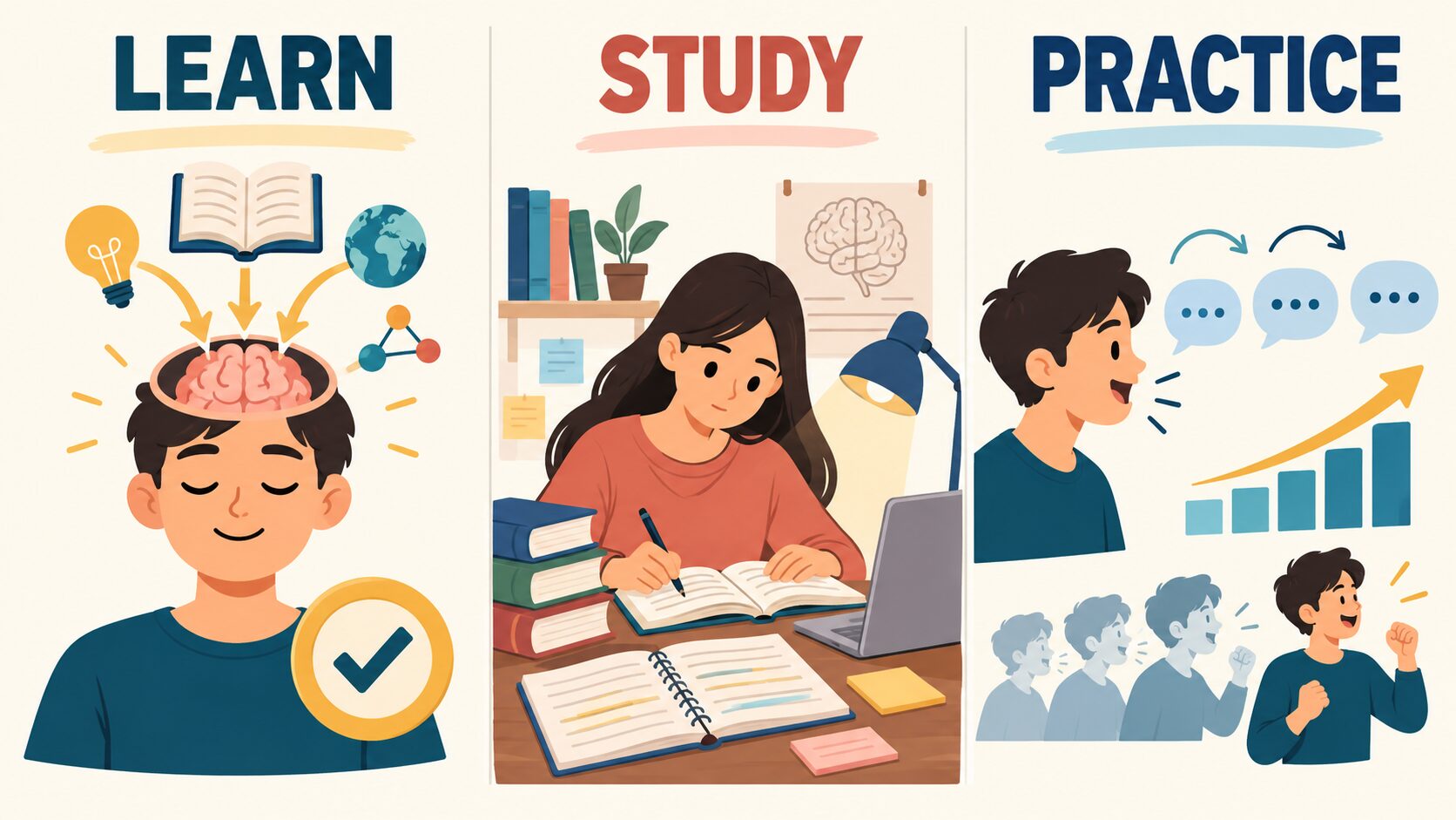 learn・study・practiceのコアイメージを示す図解
