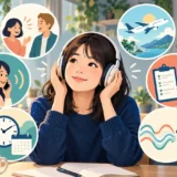 6種類の英語リスニングクイズを楽しむ女性のイラスト