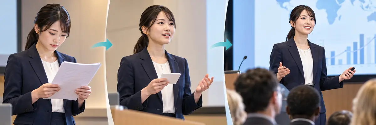 全文原稿からキーワードメモを経て自然な英語発表へ進む3段階