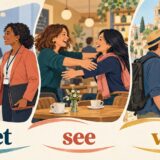 meet・see・visitの違いを表す初対面・再会・訪問のイラスト