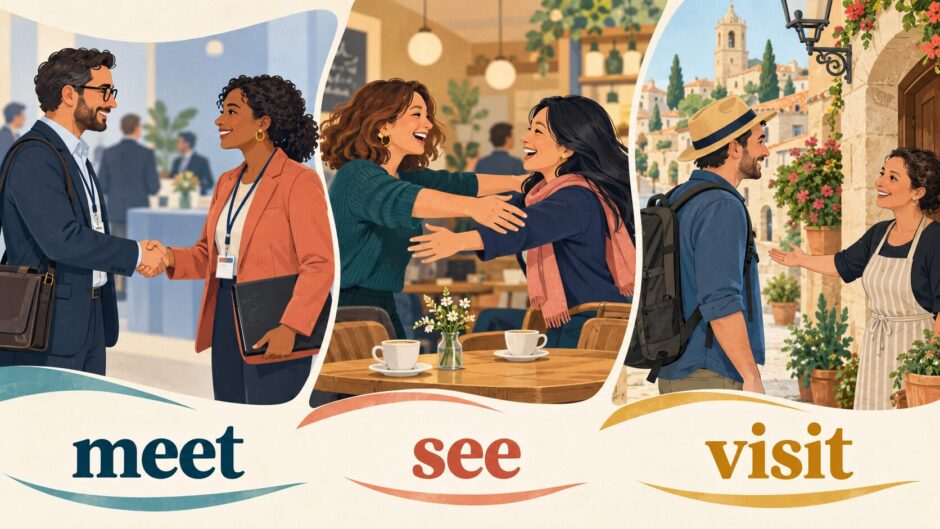 meet・see・visitの違いを表す初対面・再会・訪問のイラスト