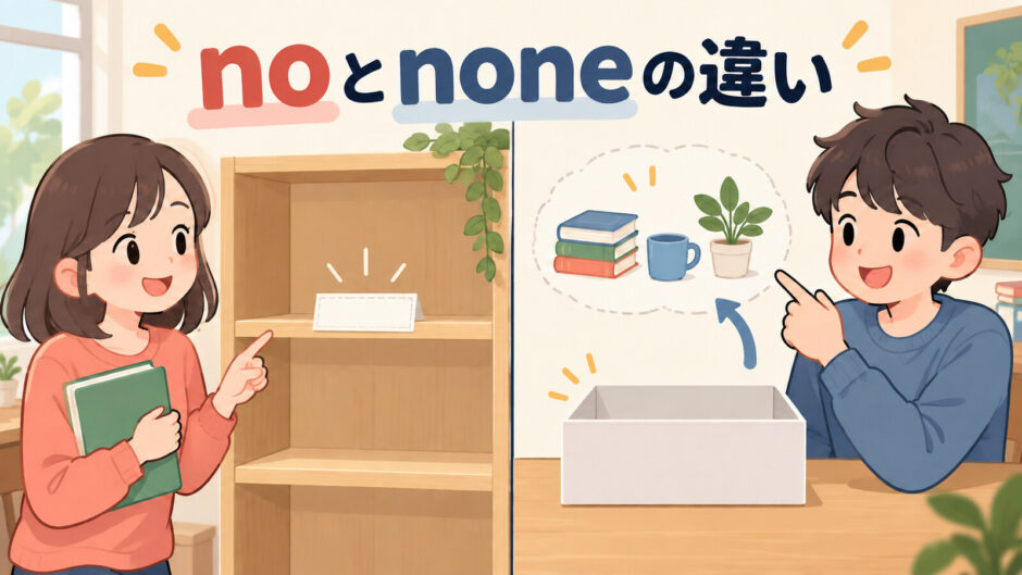 noとnoneの違いを名詞の前と名詞の代わりで示すアイキャッチ