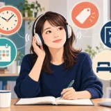 ヘッドホンで時刻・日付・金額の英語を聞き取る女性のイラスト