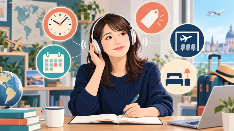 ヘッドホンで時刻・日付・金額の英語を聞き取る女性のイラスト