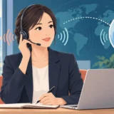 ヘッドセットで電話英語を聞き取る女性のイラスト