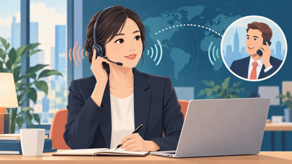 ヘッドセットで電話英語を聞き取る女性のイラスト