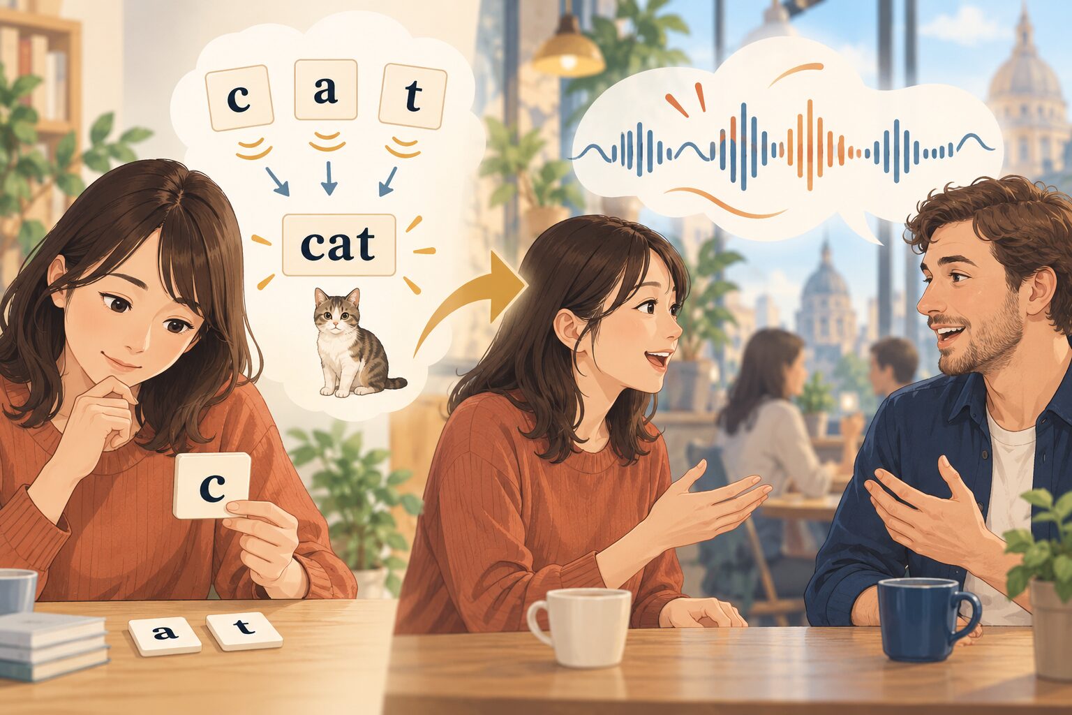 英語の文字を音へ変えるフォニックス学習から音の連結やリズムのある会話へ進む流れ