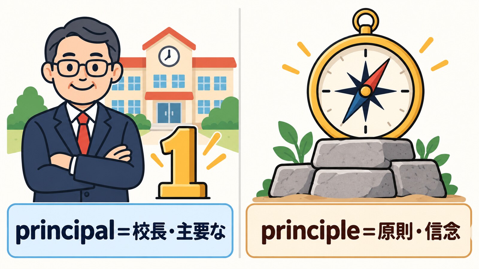 principalは校長や主要なもの、principleは原則や信念を表す