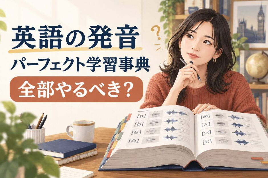 英語の発音パーフェクト学習事典のような分厚い発音参考書を開いて学ぶ女性