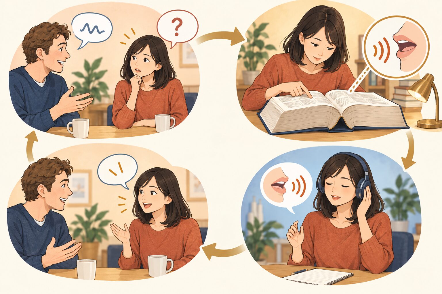 会話の課題を見つけ発音事典で調べ音声練習をして再び会話へ戻る学習サイクル