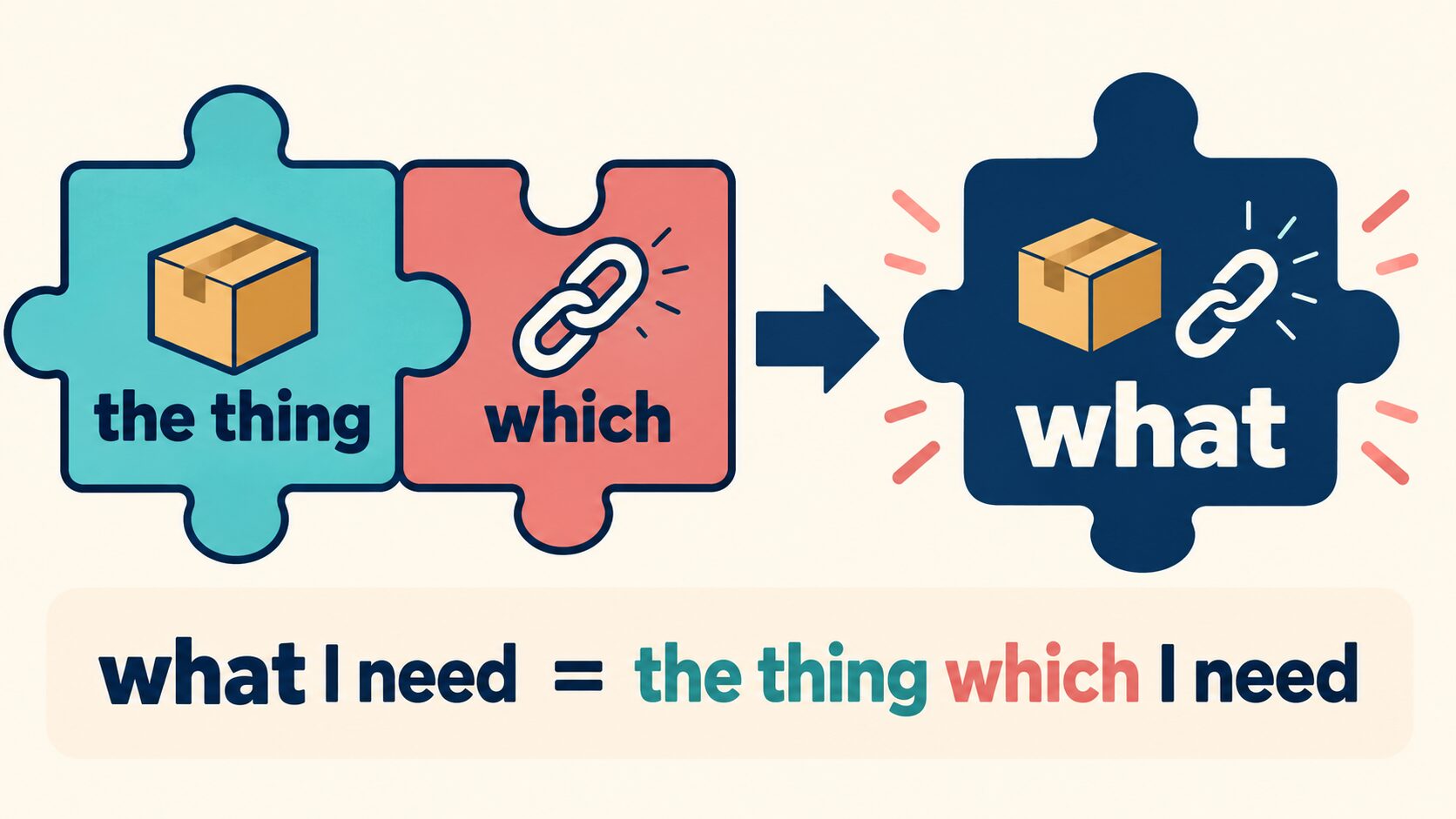 the thingとwhichを一つにまとめたwhatの仕組みを示す関係代名詞の図解