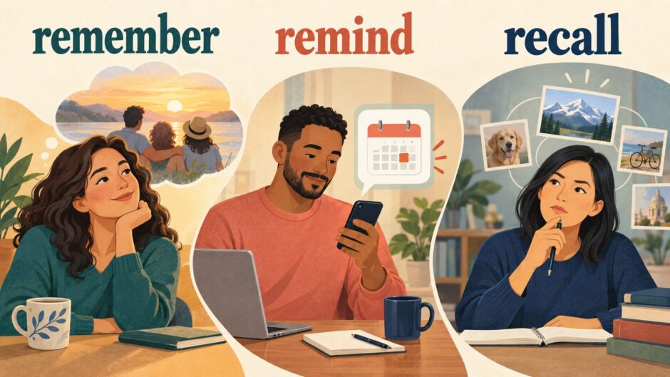 remember・remind・recallの違いを表す記憶のイラスト
