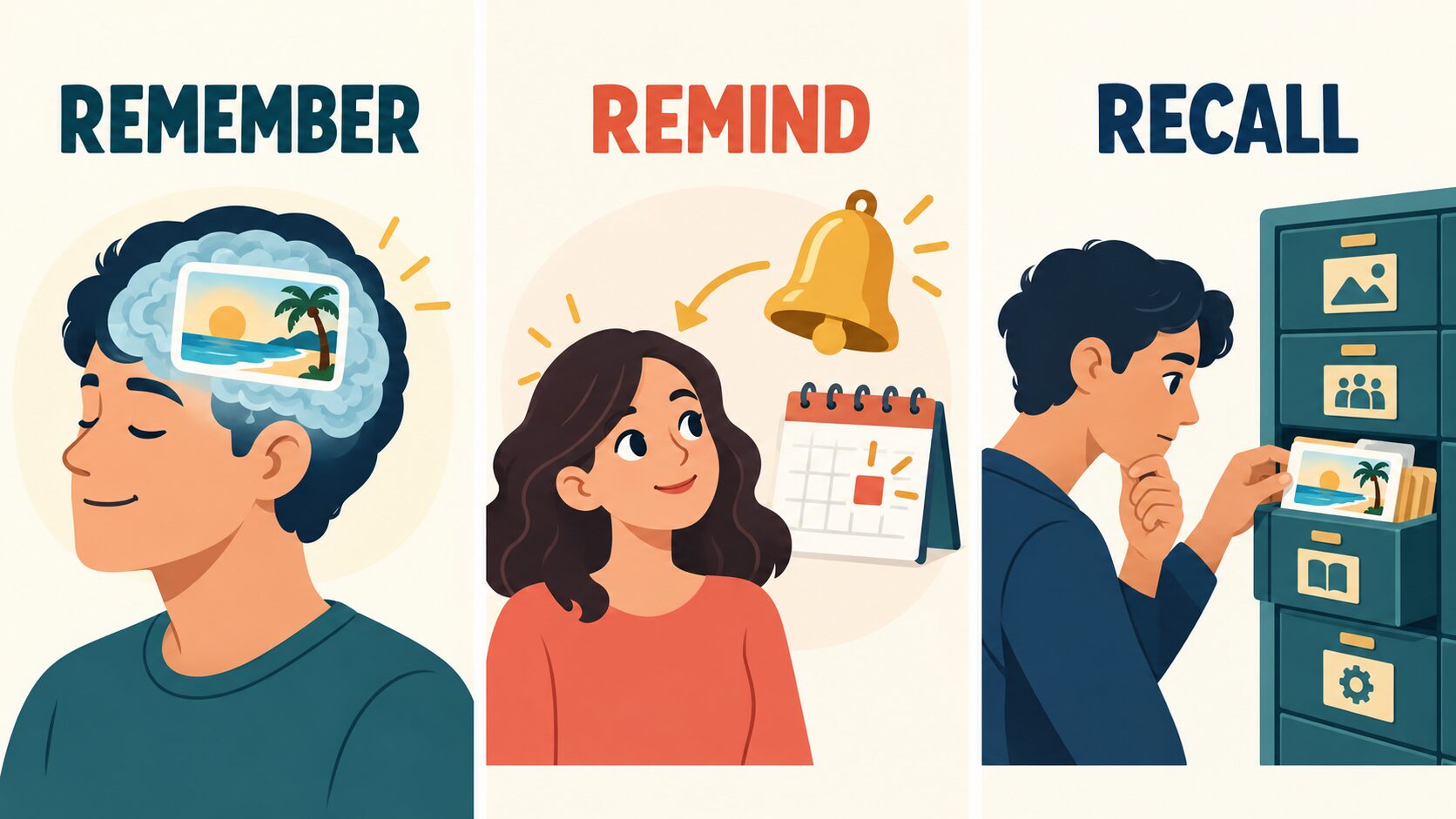 remember・remind・recallのコアイメージを示す図解