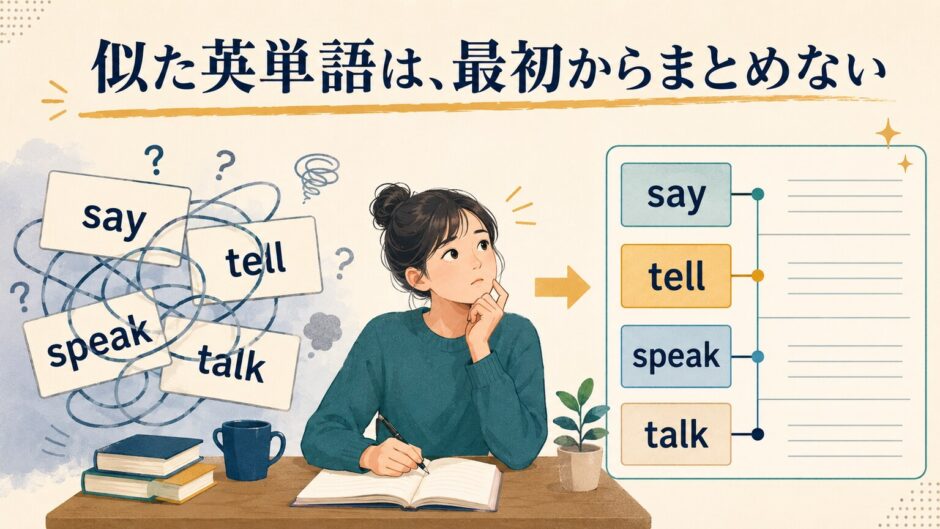 say tell speak talkを一度に覚えて混乱する学習者と整理後の比較