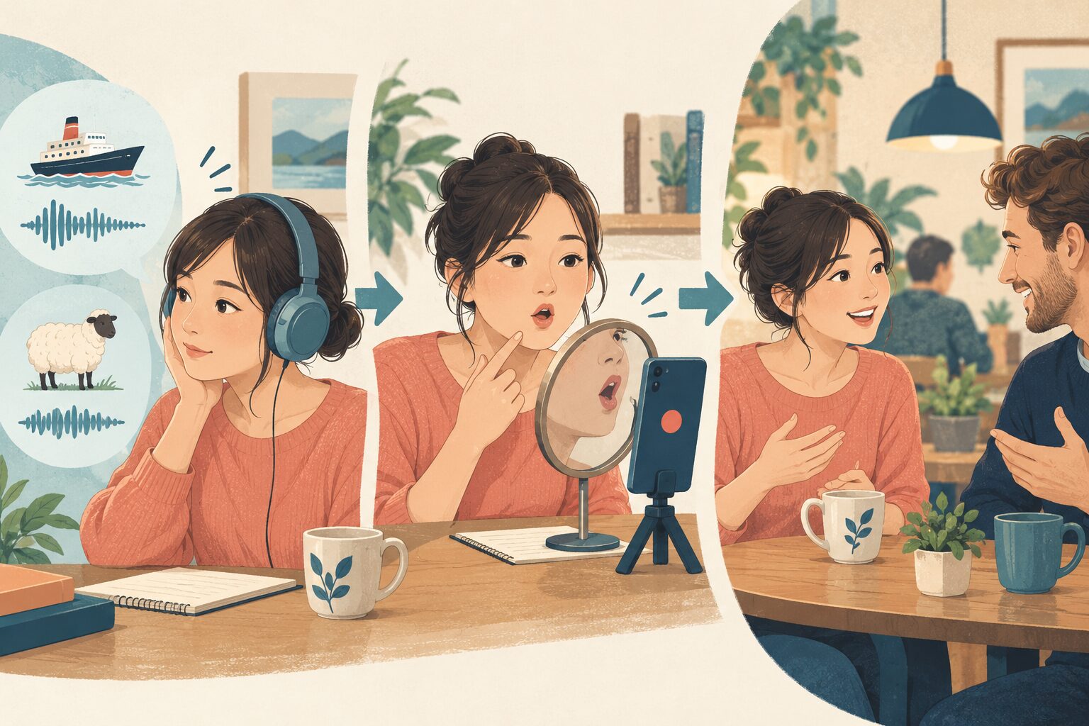 似た英語の音を聞き分け口の形を確認し実際の会話へつなげる練習の流れ