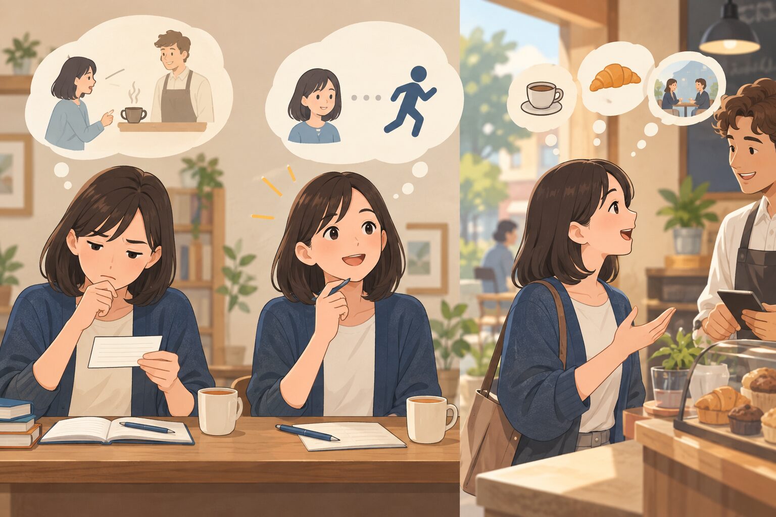 日本語から英訳する練習から場面を見て英語を話す練習へ移るイメージ