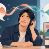 つながる英語の音声をヘッドホンで聞き取る男性のイラスト
