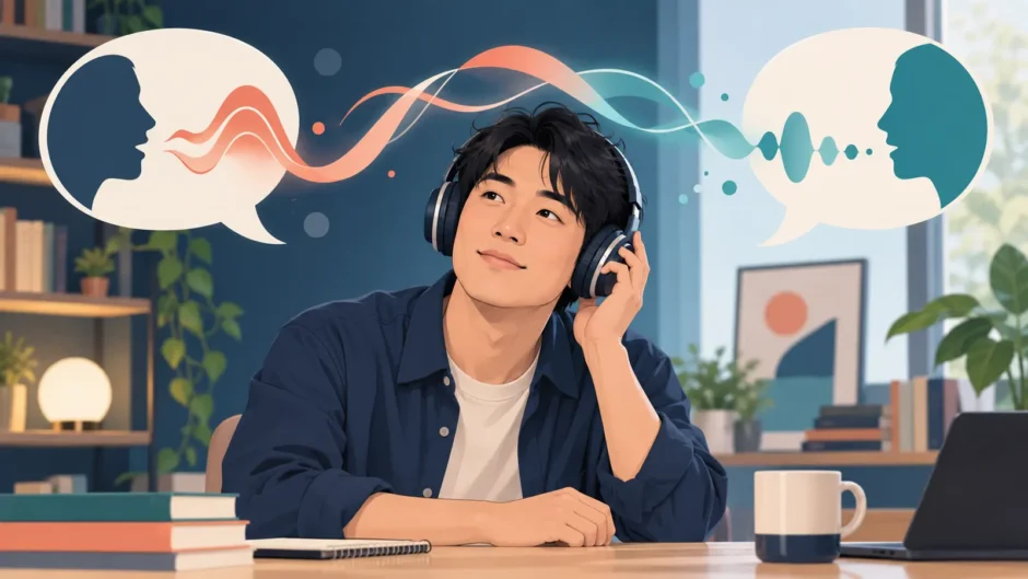 つながる英語の音声をヘッドホンで聞き取る男性のイラスト