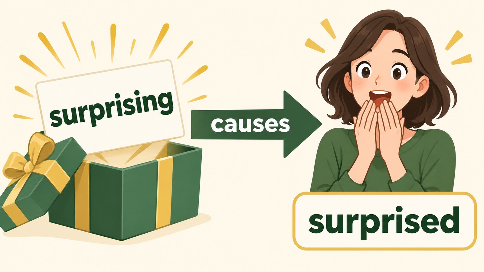 surprisingからsurprisedへ驚きが伝わる方向を示した図解
